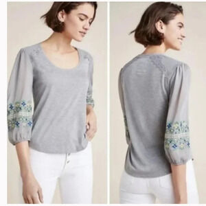Anthropologie Tiny Julia Embroidered Sheer 3/4 Sleeve Top